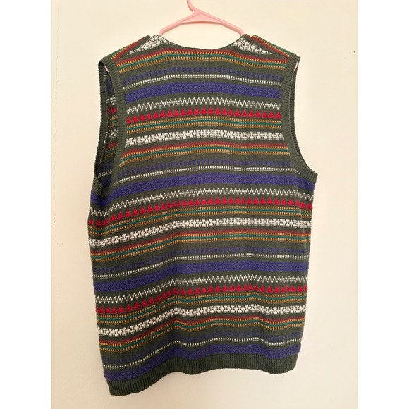 Vintage Fair Isle Knit Sweater Vest Olive Green Multi Color Button Front Retro - Picture 3 of 3